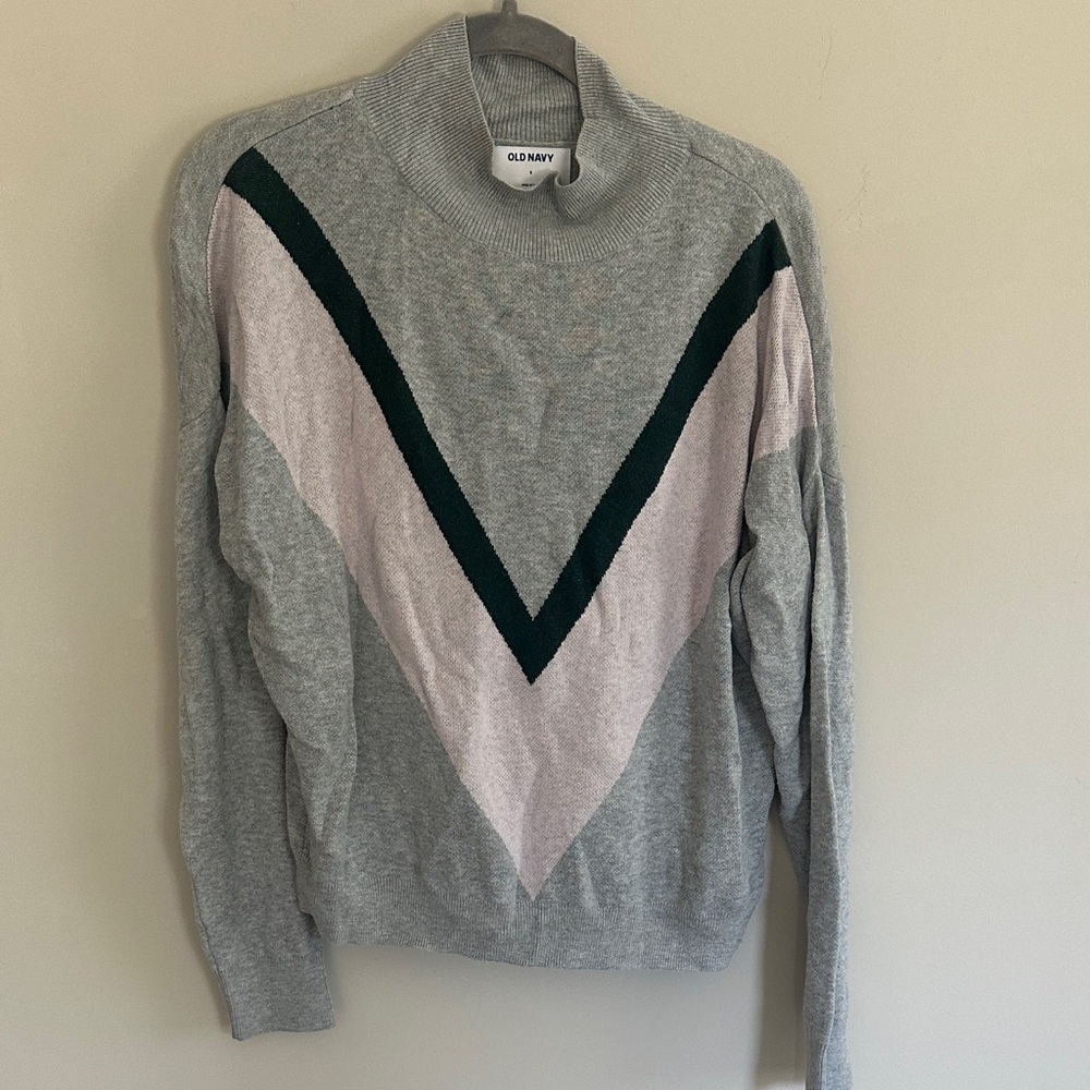Old Navy Light Gray Turtleneck Sweater with Pink and Dark Green Chevron